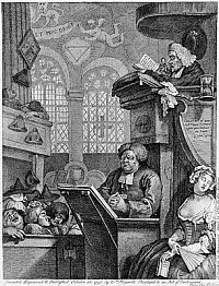 William Hogarth:
The Sleeping Congregation  Die schlafende Gemeinde (1736)
aus: William Hogarth. Der Kupferstich als moralische Schaubhne. Hg. v. Herwig Guratzsch. Stuttgart: Hatje, 1987. S. 87.